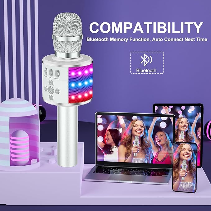 BONAOK Karaoke Microphone for Kids & Adults - Bluetooth Microphones Singing Mic with Disco Lights, Echo Effect, Built-in Speaker Portable Karaoke Player for Party Travel Gifts Q78(Silver)-CubbioJoy
