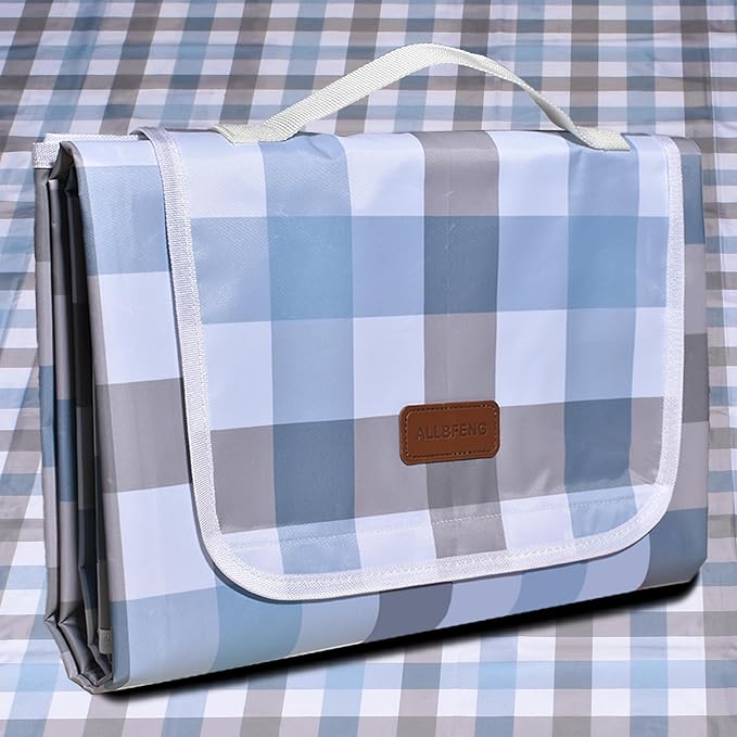 80"x80" Extra Large Waterproof Outdoor Mat - Sandproof Foldable Picnic Blanket for Family Camping, Backyard, Beach Parties - Heavy Duty & Easy Storage (Blue&Gray)-CubbioJoy