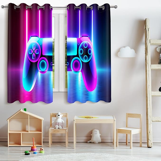 Jekeno Game Controller Blackout Curtains for Kids Boys Teens Bedroom Colorful Video Game Gamer Gaming Gamepad Decor for Home Living Room Grommet Window Drapes 2 Panel Set, 52"x84"-CubbioJoy