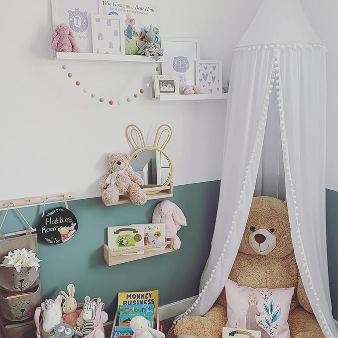 Bed Canopy with Pom Pom Cotton Canopy for Kids Crib Baby Girl Netting Cover Canopy Crib Curtain Reading Nook Hanging Tent Nursery Play Game Castle Room Decoration (White)-CubbioJoy