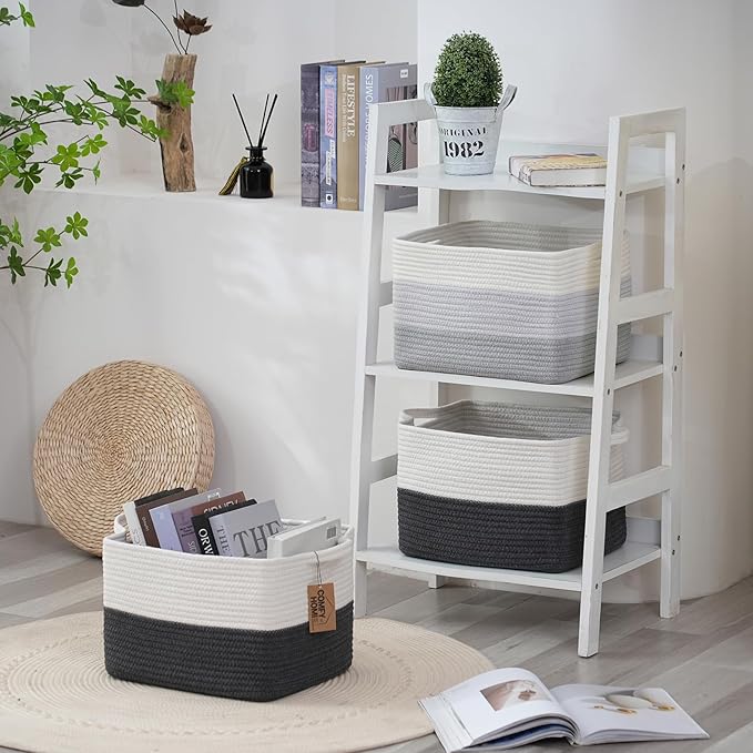 COMFY-HOMI Cotton Rope Woven Basket with Handles for Shelves,Toys,Book, Cloth Storage Baskets Bin for Organizing-13.5"x11"x9.5" Toy Decorative Organizer for Living Room, Bathroom-White/Dark Grey-CubbioJoy