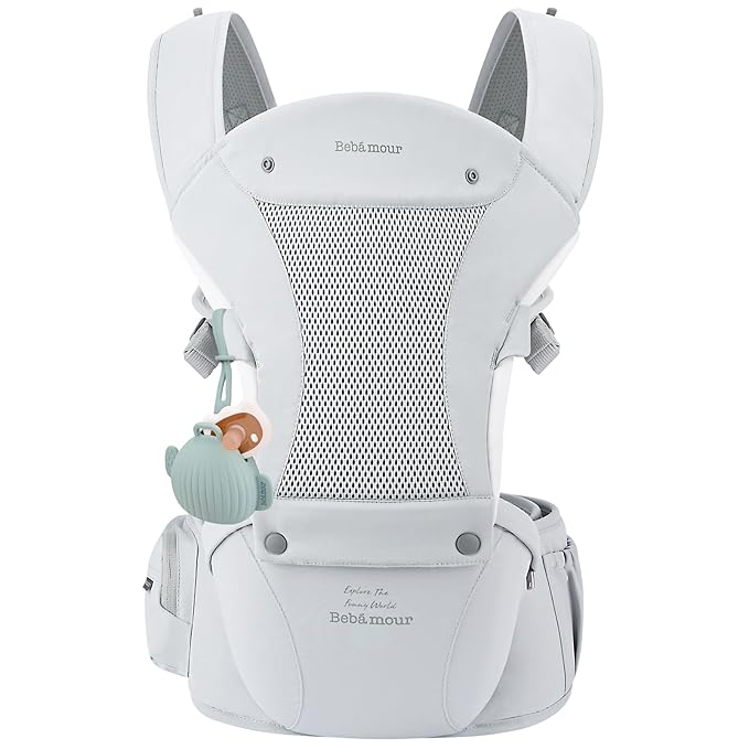 Bebamour Baby Carrier with Hip Seat,All-Position Breathable Mesh Hip Seat & Carrier 0-36Months with Head Hood, 3 PCS Teething Pads, Waist Extender,Storage Bag & Pacifier Case (Grey)-CubbioJoy