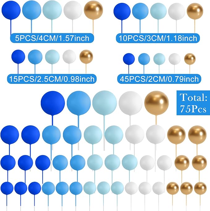 75 Pieces Cake Balls Topper Decorations Foam Cupcake Topper Mini Balloon Cake Topper Balls Cake Picks for Cake Deco Birthday Party Wedding（Blue Gold White Series）-CubbioJoy