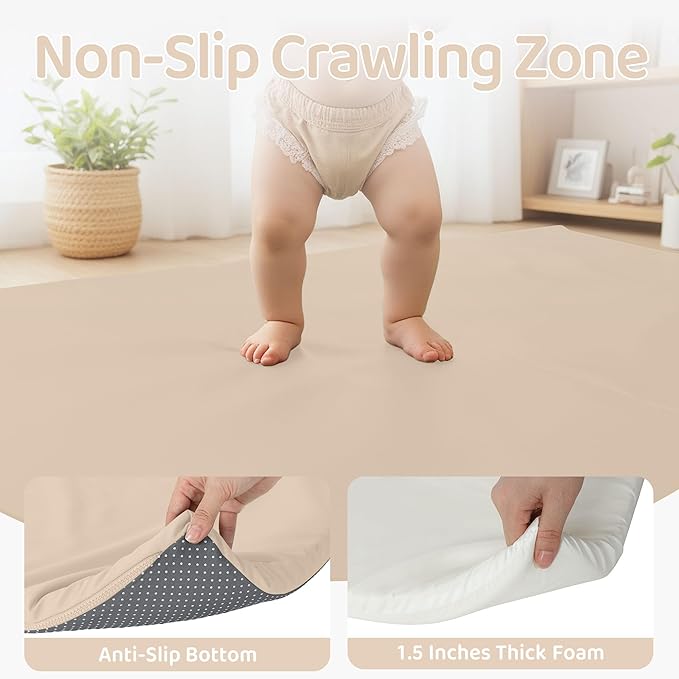 Bella’s Friends Foldable Baby Play Mat for Floor, 50"x50" Vegan Leather Playpen Mat, 1.2" Extra Thick Foam, Non-Toxic, Wipe-Clean, Travel-Ready, Non-Slip Crawling Mat for Kids Toddlers&Infants, Beige-CubbioJoy