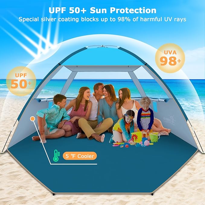 COMMOUDS Beach Tent Sun Shade for 3/4-5/6-7/8-10 Person, UPF 50+ Beach Sun Shelter Canopy Tent, Lightweight, Easy Set Up and Carry-CubbioJoy
