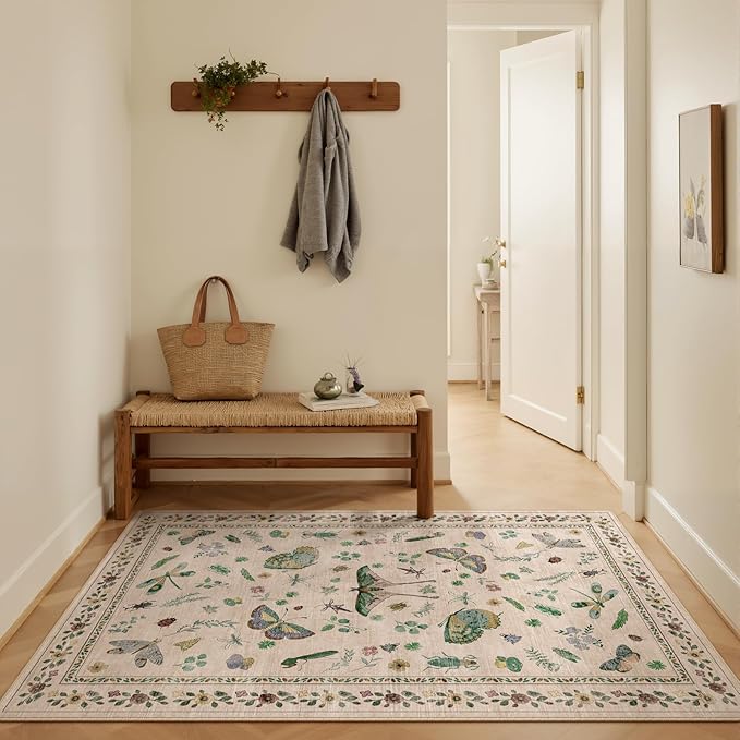 3x5 Washabl Rug with Insect Print - Bug Rug Non-Shedding Stain Resistant Soft Small Carpet for Bedroom, Low Pile Ultra-Thin Machine Washable Carpet for Nursery,Entrance, Office (3'x5' Beige)-CubbioJoy