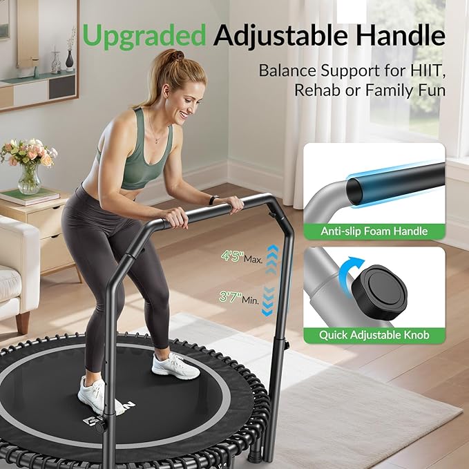 BCAN 40"/48" Mini Rebounder Trampoline for Adults with Bar, 450/550LBS Fitness Trampoline with Bungees, Adjustable Handle, Stable & Quiet, Indoor Outdoor, Whole-Body Workout & Relaxation at Home-CubbioJoy