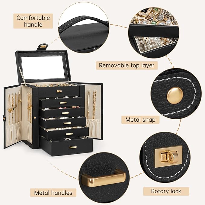 AKOZLIN 6-Tier Jewelry Box Organizer Functional 5 Drawers Leather Jewelry Storage Case for Women Girls Ring Necklace Earring Bracelet Holder Organizer with Mirror Black-CubbioJoy