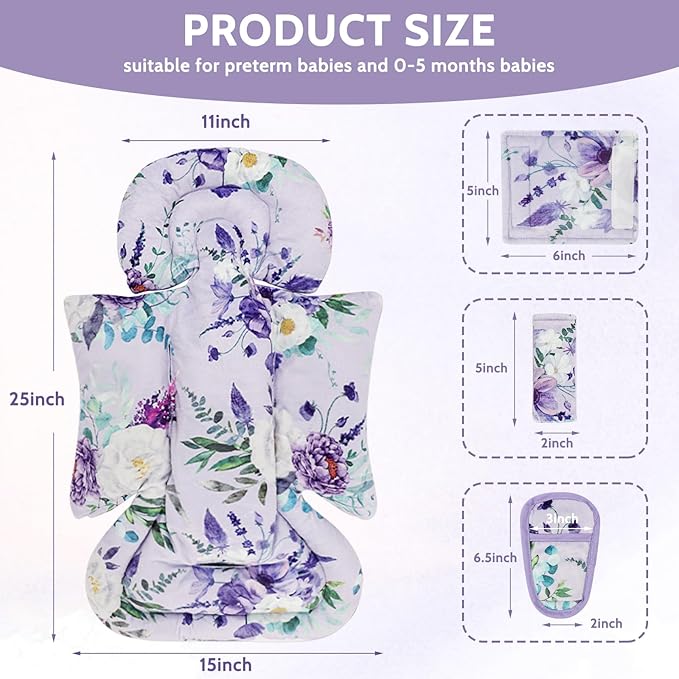 Infant Car Seat Insert and Strap Covers, Very Soft Car Seat Head Support Baby Girl Boy, Reversible Newborn Carseat Insert Cushion Fits for Stroller, Baby Swing, Bouncer (Purple Floral)-CubbioJoy