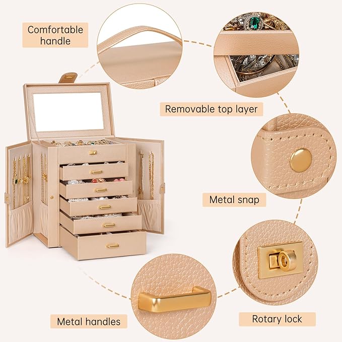 AKOZLIN 6-Tier Jewelry Box Organizer Functional 5 Drawers Leather Jewelry Storage Case for Women Girls Ring Necklace Earring Bracelet Holder Organizer with Mirror Champagne-CubbioJoy