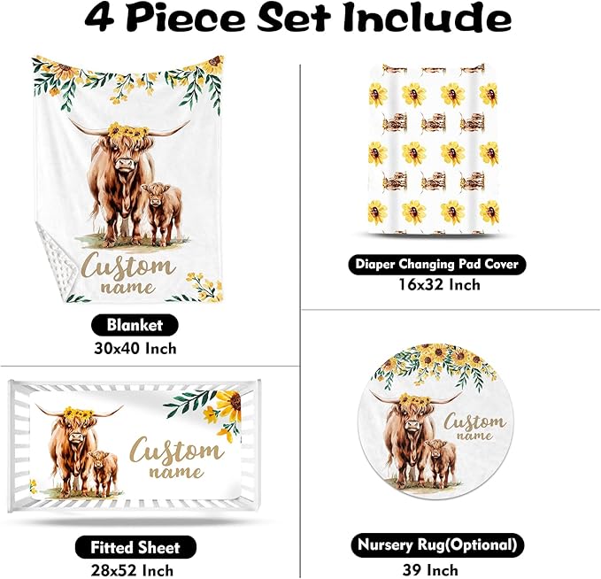 Custom Nursery Crib Bedding Set: Personalized Name 4 Piece Yellow Highland Cattle Design Baby Crib Sets for Girls - Toddler Double Layer Blanket Set, Comfortable Crib Bed Sheets for Baby Toddlers-CubbioJoy