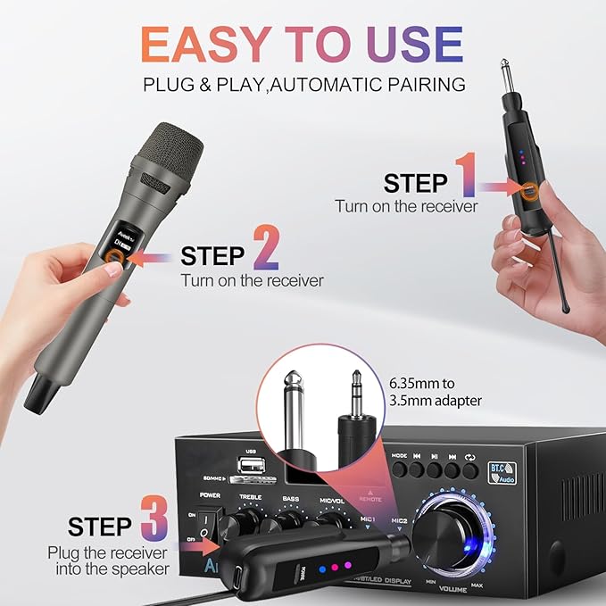 Aveek 2.4GHz Wireless Microphone System, Rechargeable Mics and Receiver, Plug & Play for Karaoke Machine, Party Speakers, Home Entertainment, Wedding & Events - Crystal Clear Sound, 100ft Range-CubbioJoy