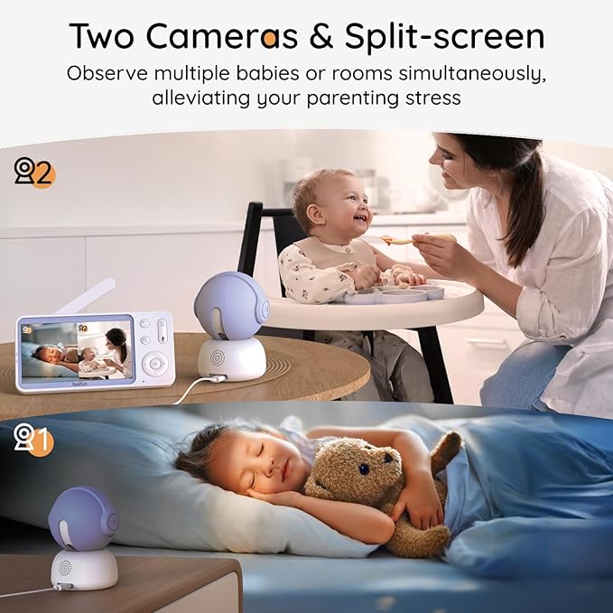 BOIFUN 2K Split-Screen 5 Inch Wi-Fi Baby Monitor with 2 360° Cameras, AI Motion & Sound & Humidity & Temp Detection, Auto Tracking Via Smartphone App and Monitor Control, Infrared Night Vision-CubbioJoy
