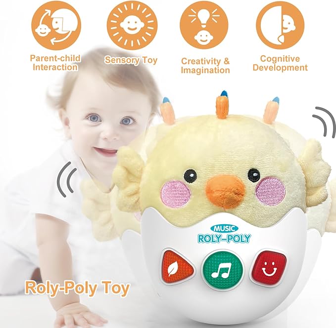 Baby Toys 0-6-12 Months, Chick Musical Plush Cute Stuffed Animal Infant Tummy Toys with Light & Sounds, Roly-Poly Sensory Toy Birthday Easter Egg Gift for Newborn Boys & Girls-CubbioJoy