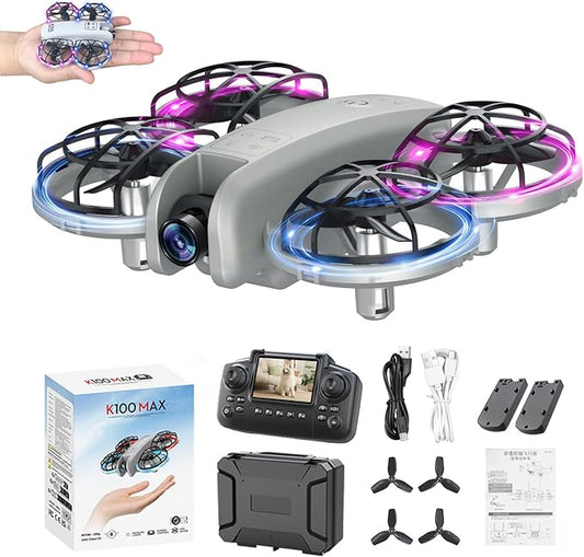 K100Max Mini Drones With Camera For Kids And Begginers, Indoor Small Helicopter Plane Quadcopter With Screen Remote Controller, Gift Toy for Boys and Girls, Headless Mode, 2 Batteries(Gray)-CubbioJoy