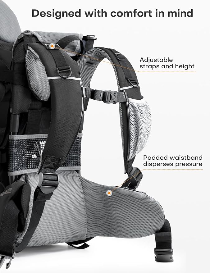 besrey Baby Backpack Carrier, Toddler Hiking Backpack with Safety 3-Height Seat, Adjustable Straps&Waist Belt, Foldable Frame Lightweight Large Capacity Child Carrier for Hiking (Black/Grey)-CubbioJoy