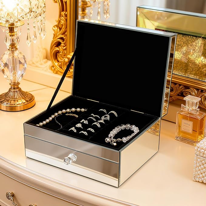 2 Layer Mirror Glass Jewelry Box with Crushed Diamond Decor, Velvet-Lined Trinket Organizer for Rings Earrings Necklaces Bracelets - Elegant Treasure Chest Storage Case for Women Girls-CubbioJoy