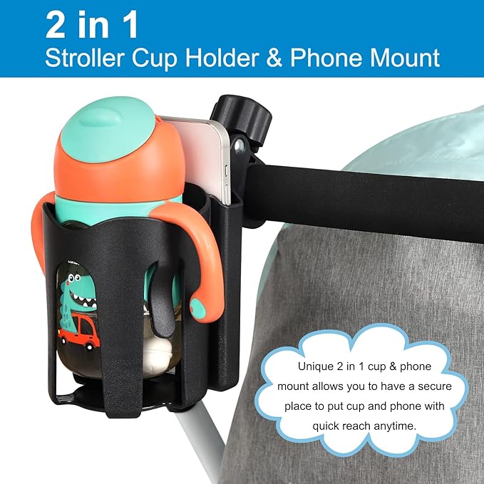 Accmor Stroller Cup Holder with Phone Holder, Universal Cup Holder, Bike Cup Holder, 360° Rotatable Large Caliber Drinks Holder for Stroller, Bike, Wheelchair, Walker-CubbioJoy
