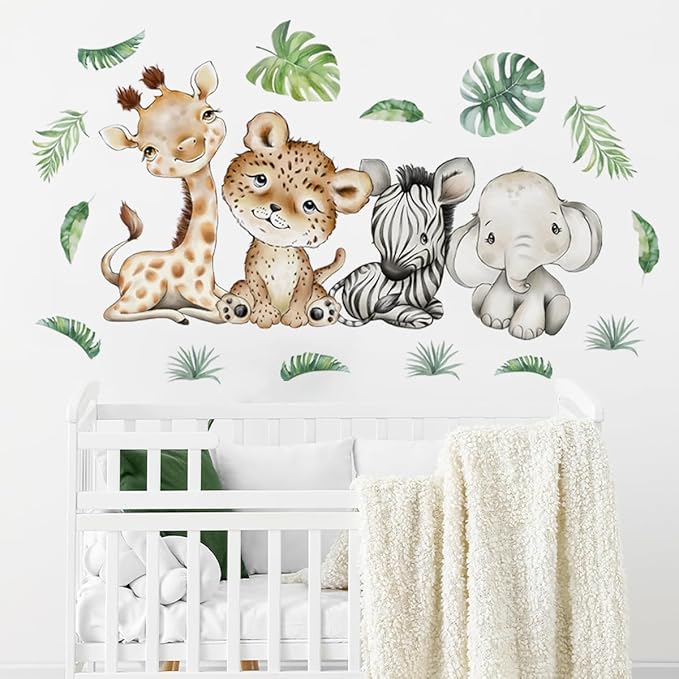 44.88 x22.98 Inch Watercolor Jungle Animal Wall Decals - Tiger, Elephant, Zebra Peel & Stick Wall Art Stickers for Baby Nursery, Playroom, Bedroom, Classroom & Kindergarten Decor-CubbioJoy