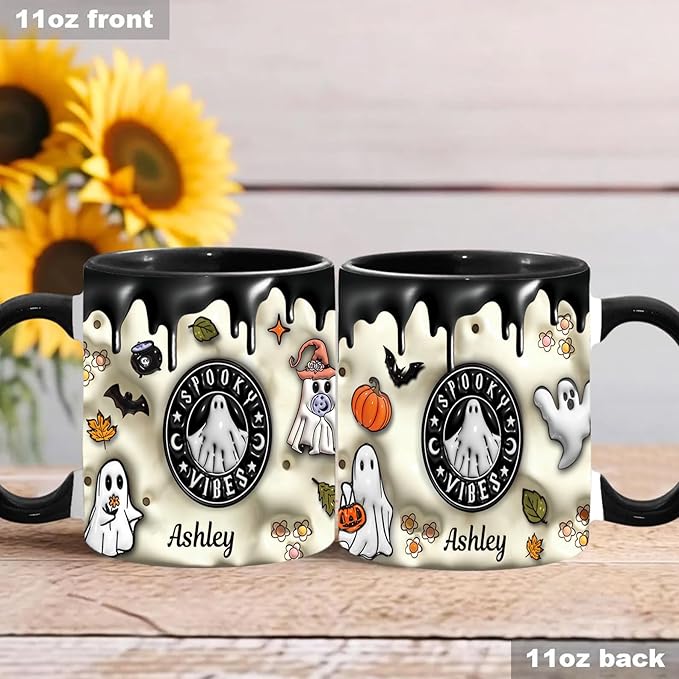 Custom Halloween Coffee Mug with Names, Pumpkin Coffee Cup, Personalized Ghost Ceramic Coffee Mug, Spooky Vibes Trick Or Treat Halloween Accent Mug, Spooky Season Gift for Women Men 11 Oz-CubbioJoy
