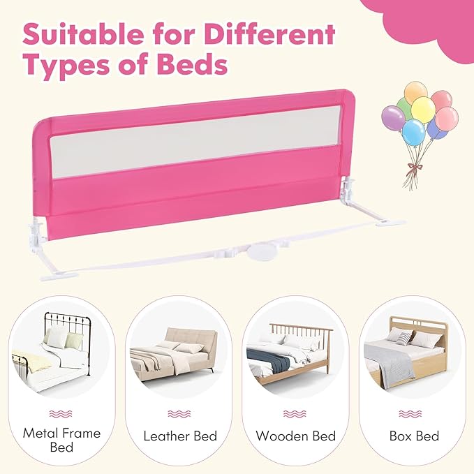 BABY JOY Bed Rails for Toddlers, 59'' Extra Long, Swing Down Bed Guard w/Safety Straps, Folding Baby Bedrail for Kids Twin, Double, Full Size Queen & King Mattress (Pink, 59-Inch)-CubbioJoy