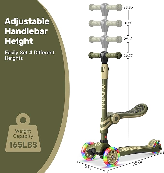 Army 3 Wheel Scooter with Seat for Kids – Light-Up LED Wheels, Adjustable Handlebar and Seat, Smooth PU Wheels, Wide Anti-Slip Deck, Rear Foot Brake – Toddler Outdoor Toys for Ages 2+-CubbioJoy