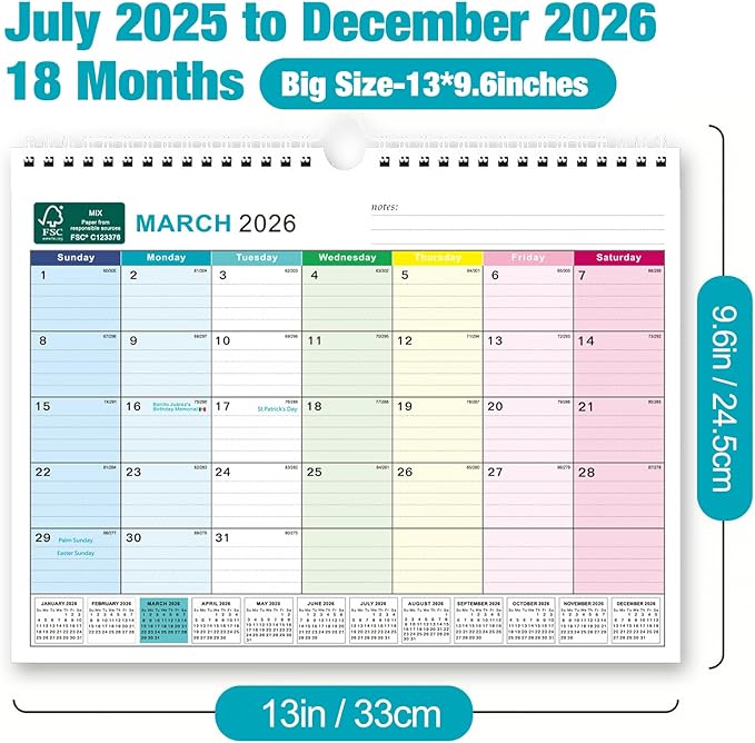 BOCT Wall Calendar 2025-2026 - Includes July 2025 to December 2026-18 Monthly Daily Planner 13 x 9.6 Inches, Julian Dates for New Year Christmas Gifts-CubbioJoy