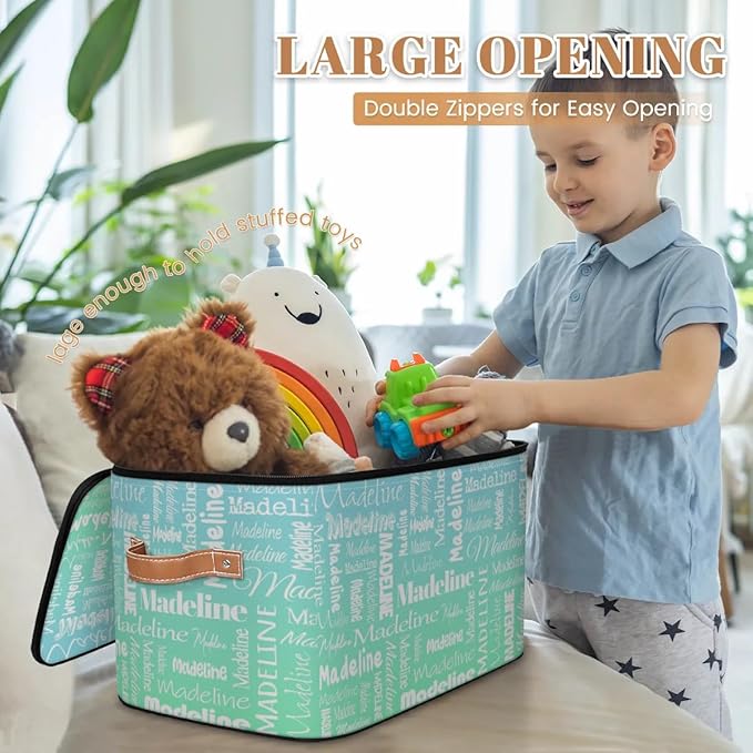 Custom Storage Basket with Name, Personalized Storage Bins with Zipper Lid, Foldable Fabric Storage Box Large capacity with Handle Bright Green Blue-CubbioJoy