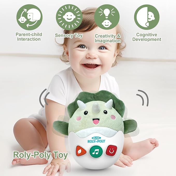 Baby Dinosaur Toys 0-3-6-12 Months, Musical Infant Toys with Light & Sounds, Soft Plush Stuffed Animal, Newborn Boys Girl 1st Birthday Shower Gift, Roly-poly Sensory Tummy Toy Easter Egg Gifts-CubbioJoy