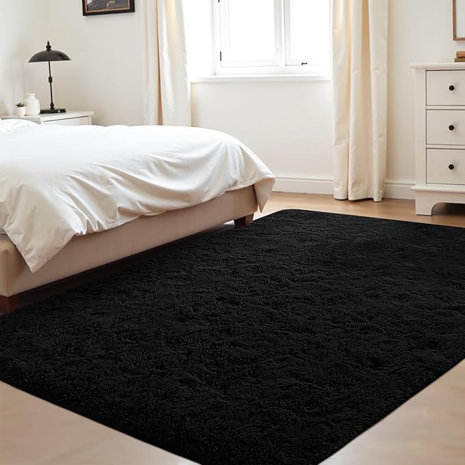 4x6 Area Rug for Living Room: Fluffy Shag Soft Washable Rugs Fuzzy Plush Indoor Carpet for Bedroom Nursery Playroom Dorm Kids Girls Boys Room (Black, 4'x6')-CubbioJoy
