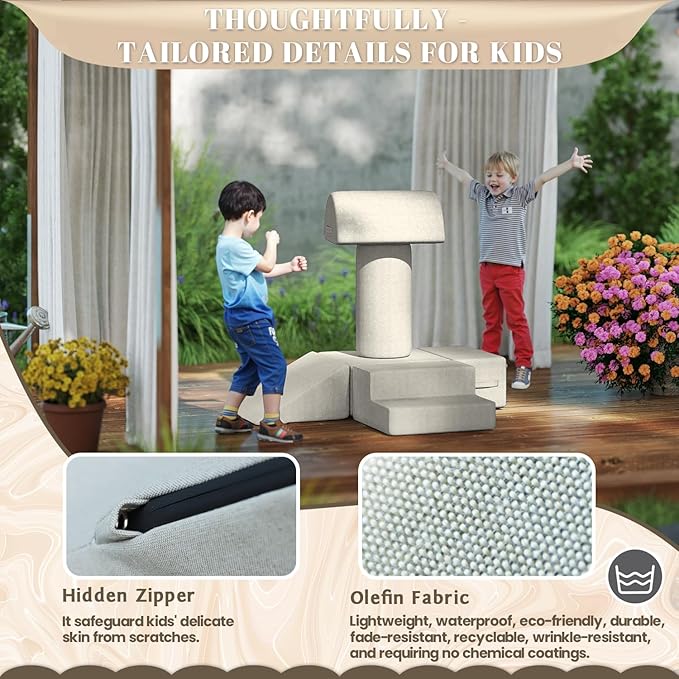 jela Foam Blocks 6Pcs Soft Play Equipment Waterproof Fabric, UV Resistant Toddler Climbing Toys Indoor& Outdoor Soft Play Climbing for Toddlers, Lightweight Climbing Blocks for Babies, Kids (Sand)-CubbioJoy