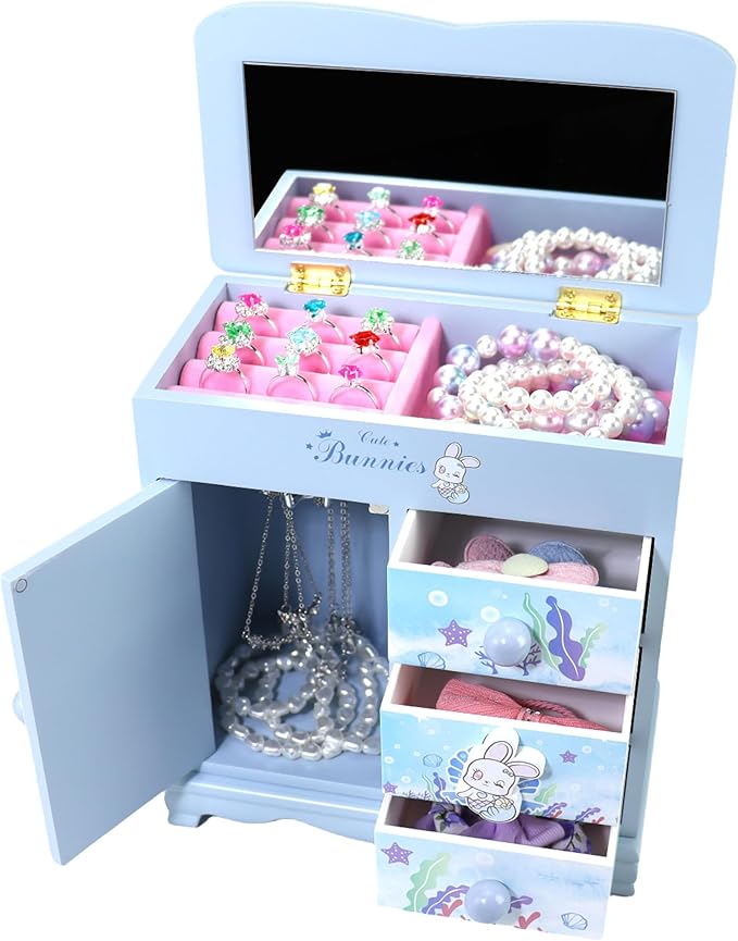 Children jewelry box for girls blue Cute bunny girls jewelry box Little girl birthday christmas Gift kids jewelry box-CubbioJoy