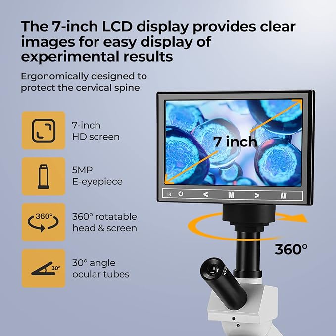 Constant Temperature Lab Monocular Compound Microscope 40X-2500X Magnification with 7" LCD Screen 5MP E-Eyepiece, Adjustable Thermostat Mechanical Stage for Husbandry, Pet Hospitals,Farms-CubbioJoy