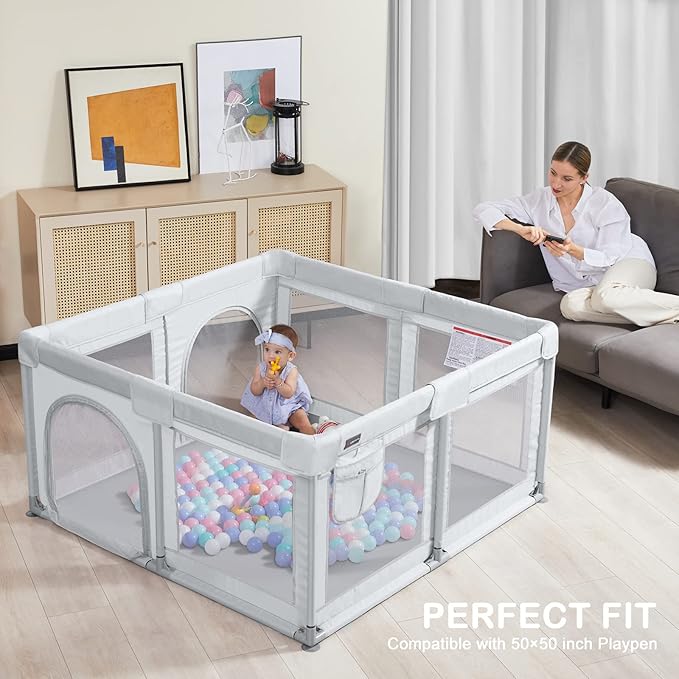 ANGELBLISS Baby Playpen Mat, Self-Inflating Play Mat for Babies and Toddlers, Roll Up & Waterproof Foam Crawling Mat for Floor, Portable Playmat for Babies with Travel Bag Grey (50×50in)-CubbioJoy