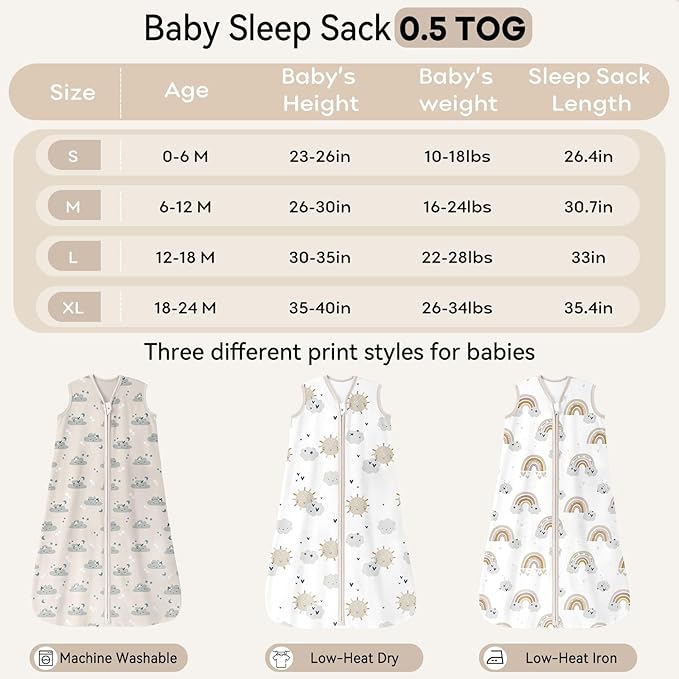 Baby Sleep Sack 6-12 Months 0.5 Tog Wearable Blanket Baby, 3 Pack 100% Cotton Lightweight Sleeping Sack with 2-Way Zipper for Newborn Infant Apricot White Sun Clouds-CubbioJoy