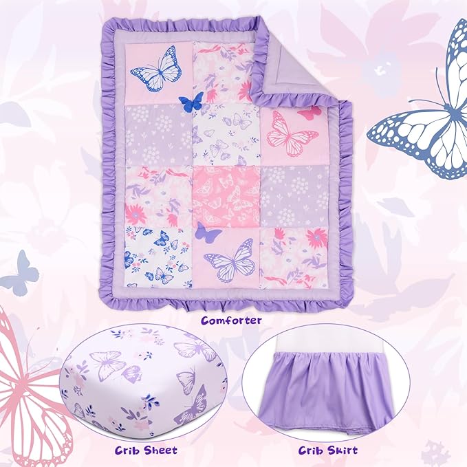 Cloele Crib Bedding Set for Girls, 3 Pieces Floral Butterfly Baby Bedding Set -Includes Comforter Fitted Sheet Crib Skirt,Standard Size Nursery Baby Crib Set for Girls,Purple-CubbioJoy