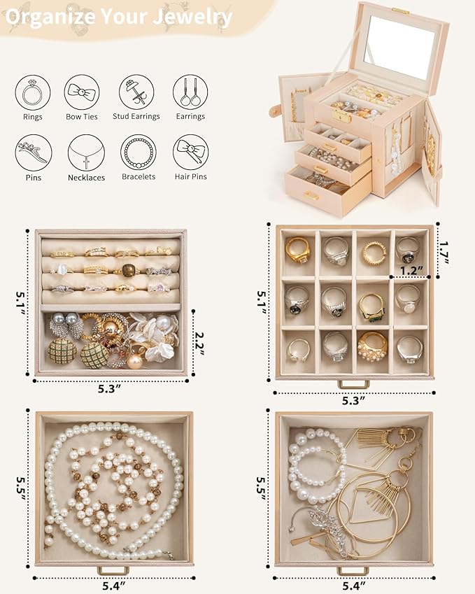 AKOZLIN 4-Tier Jewelry Box Leather Jewelry Storage Organizer with 3 Drawers Lockable for Women Girls Ring Necklace Earring Bracelet Holder with Mirror Champagne-CubbioJoy