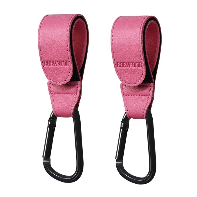 2 Pcs Stroller Hooks for Hanging, Portable Leather Style Stroller Clip Straps, Baby Stroller Hooks for Diaper Bags Grocery Shopping Bags, Mommy Hook for Stroller(Pink)-CubbioJoy