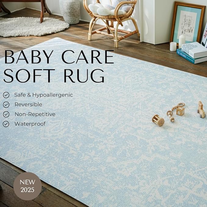 Baby Care Soft Rug (Prestige, Ikat - Inca Blue) 98'' x 59'' Original One-Piece Reversible Rollable Waterproof Play Mat for Infants, Babies, Toddler, and Kids-CubbioJoy