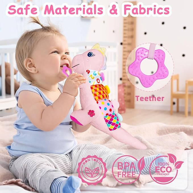 Baby Dino Plush Soft Stuffed Animal Toy for 0-3-6-12+ Months,Infant Musical Toy with Rattle,Squeaker,Sensory Crinkle,Teether & Textures,Tummy Time Toys Christmas Baby Gift for Newborn Girl(Pink)-CubbioJoy