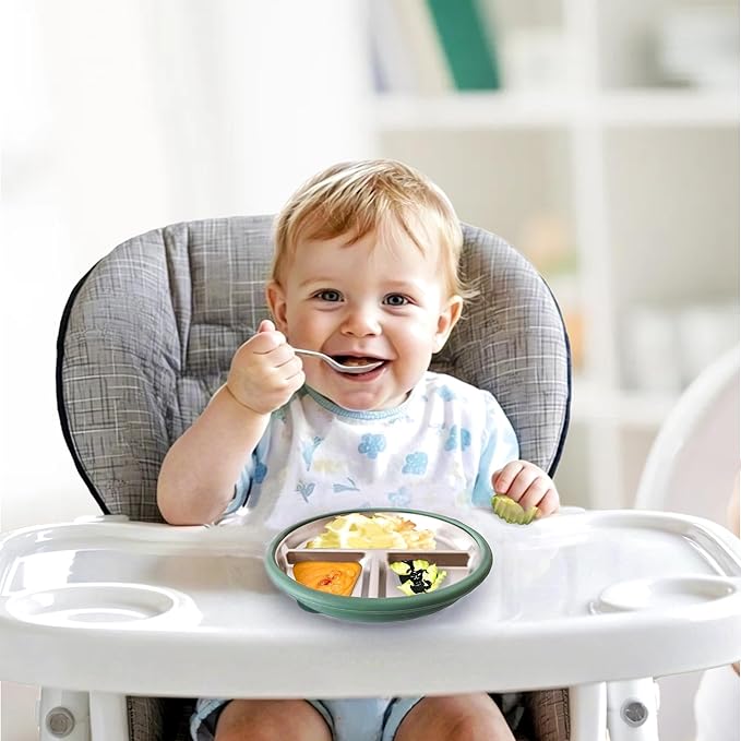 3Pack Sainless Steel Kids Plates with Suction, 8.1” Divided Toddler Baby Plates with Removable Silicone Sleeves BPA Free Non-Slip 2-in-1 Anti Breakage Metal Toddler Bowls-CubbioJoy