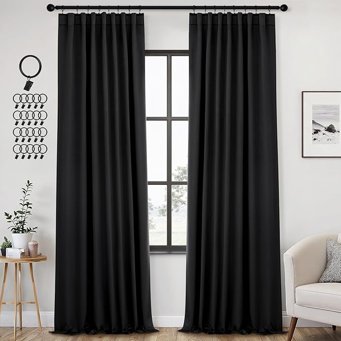 ANRODUO Back Tab Blackout Curtains for Bedroom Living Room, Rod Pocket Pinch Pleated Thermal Insulated Room Darkening Curtains 94 Inches Long 2 Panels, Black, 42 x 94 Inch-CubbioJoy