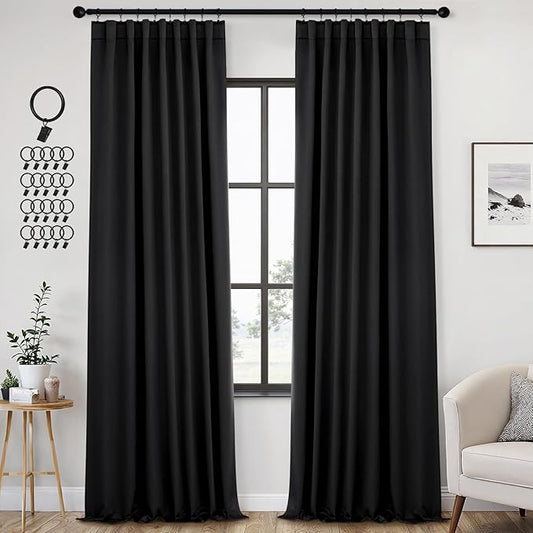 ANRODUO Back Tab Blackout Curtains for Bedroom Living Room, Rod Pocket Pinch Pleated Thermal Insulated Room Darkening Curtains 94 Inches Long 2 Panels, Black, 42 x 94 Inch-CubbioJoy