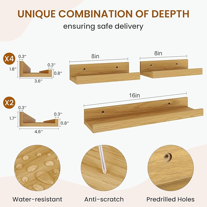 Axeman Picture Ledge Shelf, Floating Shelves for Wall Decor Storage Set of 6, 16 inch Floating Wall Mounted Shelves, Wall Shelves with Lip for Living Room, Bedroom, Nursery, Bathroom, Kitchen, Oak-CubbioJoy