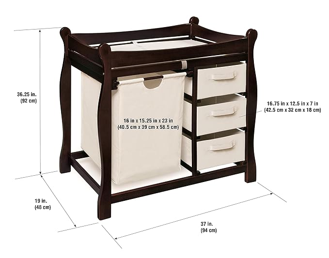 Badger Basket Sleigh-Style Baby Changing Table - Diaper Changing Station with 3 Storage Baskets - Nursery Organizer with Hamper, Changing Pad, Safety Rails - Espresso-CubbioJoy