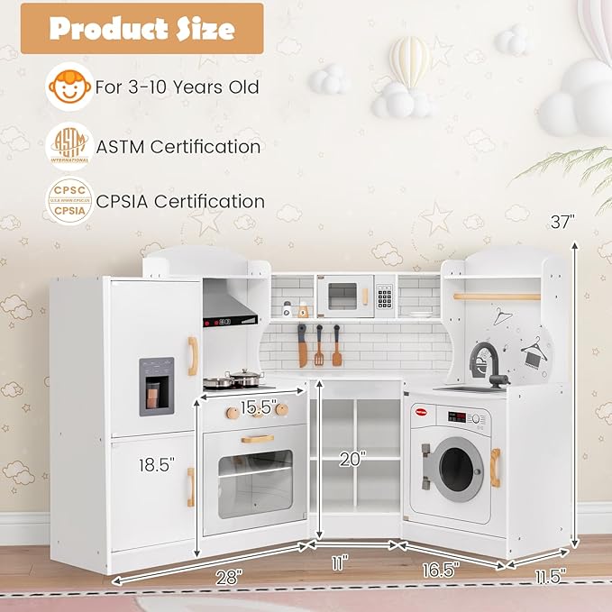 Costzon Corner Kids Kitchen Playset, Wooden Play Kitchen with Sounds & Lights, Washing Machine, Range Hood, Ice Maker, Microwave, Oven, Sink, Pretend Toy Kitchen Set for Toddler, Gift for Boys Girls-CubbioJoy
