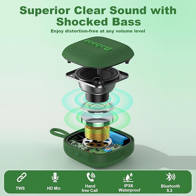 Bobtot Portable Bluetooth Speakers Wireless - IPX7 Waterproof Mini Shower Speaker with 16 Hours Playtime, Loud Stereo Sound, Rich Bass, TWS, Built-in Mic, Small Size for Travel Sport, Green-CubbioJoy