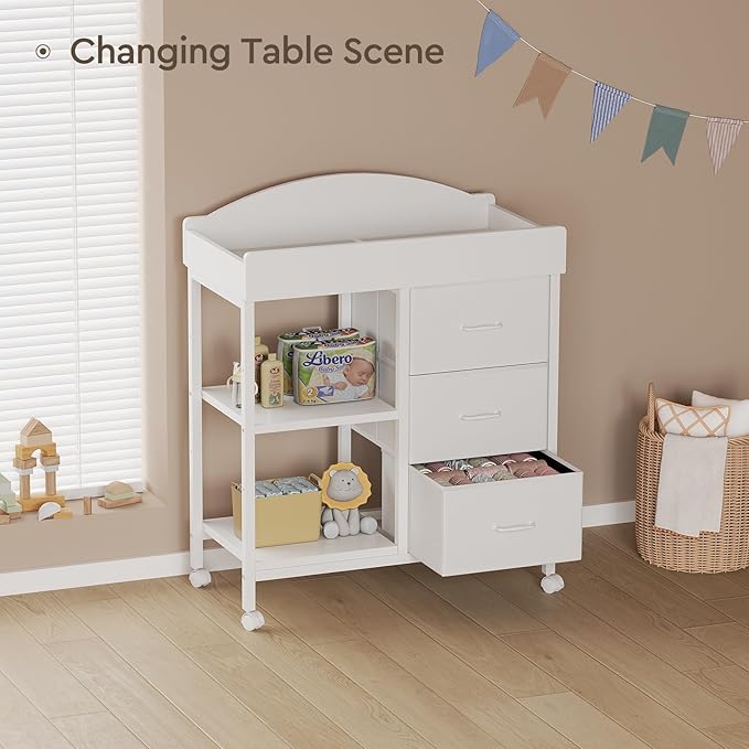Changing Table Dresser, Baby Dresser with 3 Fabric Drawers and 2 Shelves, Multi-Functional Baby Changing Table with Pad, Classic Nursery Dresser, Diaper Changing Station for Nursery, White-CubbioJoy