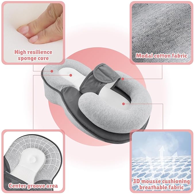 Baby Wedge Pillow for Infant with Safety Strap, Reflux Baby Pillow, Relief & Spit-Up Prevention, Removable Cover for Breastfeeding, Bottle Feeding-CubbioJoy