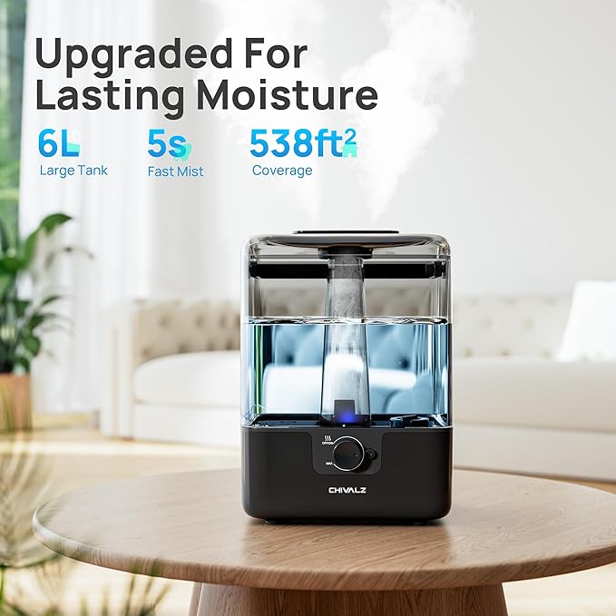 CHIVALZ 6L Humidifiers for Bedroom Large Room Home, Cool Mist Top Fill Humidifiers for Baby Nursery and Plants, 26dB Quiet, Nightlight, Up to 50 Hours, Oil Diffuser 1 Pack + 2 Mist Outlets Black-CubbioJoy
